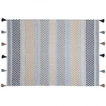 Alfombra de algodón azul y beige 140 x 200 cm con patrón geométrico multicolor y flecos Marmara