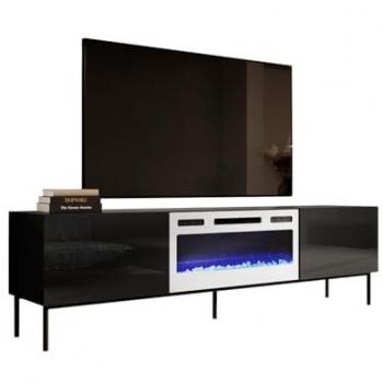 Mesa de TV Charlotte 163 con chimenea eléctrica, 200x57x40cm, negro brillante y blanco, apertura sin mangos