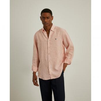 Lion of Porches - Camisa en lino de hombre corte regular fit con estampado a rayas en color naranja