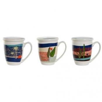 Taza con Filtro para Infusiones Home ESPRIT Azul Verde Acero Inoxidable Porcelana Tropical 380 ml (3 Unidades)