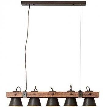Lámpara colgante Plow 5 luces negro/acero y madera oscura, cabezas giratorias, E27