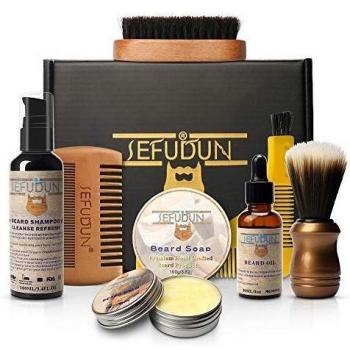 8-en-1 Kit de aseo de barba con cepillo suave de jabón de barba + Cepillo de barba Peine de barba + Peine de plantilla de bálsamo de barba + Aceite de barba + Champú de barba