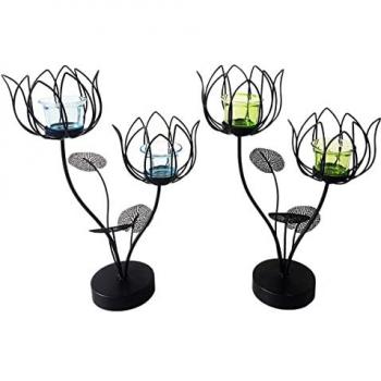 Portavelas Decorativos Negro con 2 Flores - Pack de 2 Unidades (35x15x25 cm)