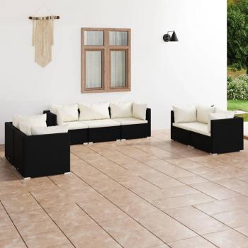 7-Piece Black Poly Rattan Garden Lounge Set with Cushions