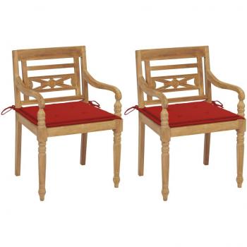 Batavia Chairs Set of 2 with Red Cushions Solid Teak Wood