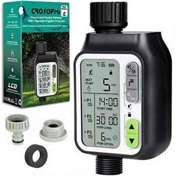 CROSOFMI Programador Riego Automatico Jardin Temporizador Sistema de Riego Control Riego Manual con Bloqueo para Niños con Sensor de Lluvia y 3 Programas de Separados
