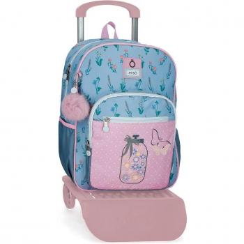 Mochila Escolar Enso We Love Flowers con carro rosa
