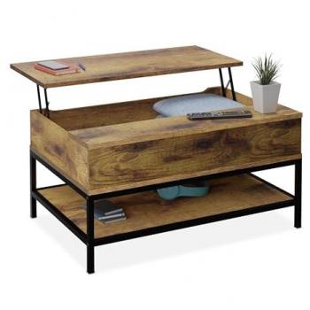 Mesa de Centro Elevable con Estante, Estilo Madera, 45,5 x 90 x 60 cm, Marrón y Negro - Relaxdays
