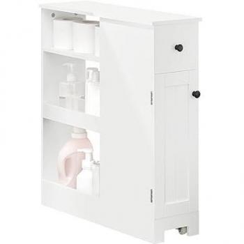 Estantería Estrecha para Baño SoBuy BZR106-W, Mueble Auxiliar Armario Móvil Multifuncional de Almacenaje con 1 Puerta, 1 Cajón y 3 Estantes, Color Blanco,