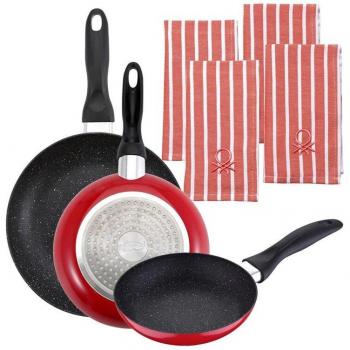Pack de 3 sartenes San Ignacio Ø16CM Ø20CM Ø24CM + set de 4 paños de cocina color rojo