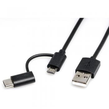 Cable de Sincronización y Carga USB 2.0, USB-A a USB-C y Micro-B, 1.00 m Negro