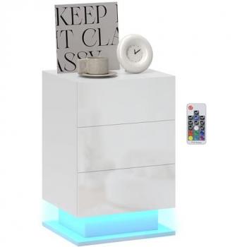 Mesita de Noche HOMCOM con Tira de Luz LED Multicolor y 3 Cajones, Estilo Moderno, Blanco Brillo, 40x35x60 cm