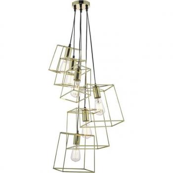 Lámpara colgante Tower Oro pulido 6 bombillas 70cm, Dar Lighting - dar tower - Cube Wire Frame Cluster Lámpara colgante Dorado, 6x E27
