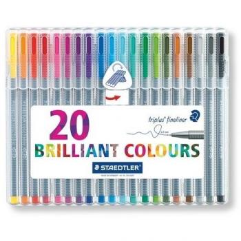 Rotulador Staedtler Triplus Fineliner 334 - Estuche de 20 unidades, colores surtidos, punta fina, tinta a base de agua, diseño triangular ergonómico