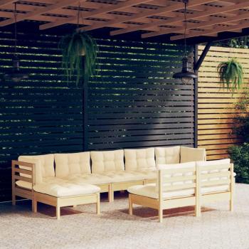 9-Piece Pinewood Garden Lounge Set with Cream Cushions