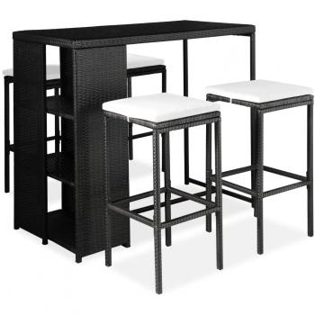 5-Piece Black Poly Rattan Garden Bar Set with Cushions