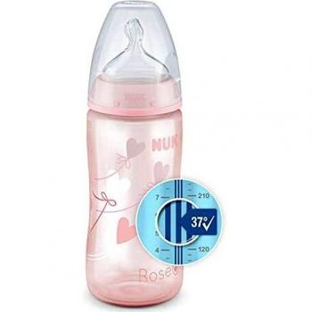 NUK First Choice+ Biberón para bebés de 0 a 6 meses, con control de temperatura, botella de 300 ml con válvula anticólicos, sin BPA, tetina de silicona, color rosa