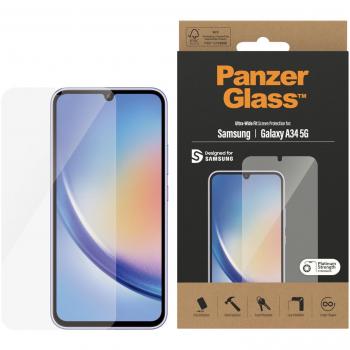 Protector de Pantalla Ultra-Wide Fit PanzerGlass para Samsung Galaxy A34 5G - Cristal Templado, Transparente, Antibacteriano y Resistente a Arañazos