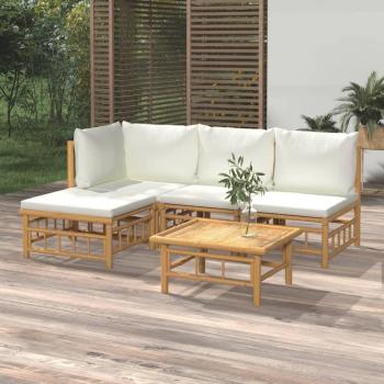 5-Piece Garden Lounge Set with Cream White Cushions and Bamboo Frame