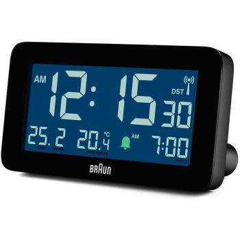 Braun BC10 Reloj despertador digital con radio, color negro, función DCF-77 (sincronización de hora), pantalla LCD iluminada, alarma dual y diseño moderno