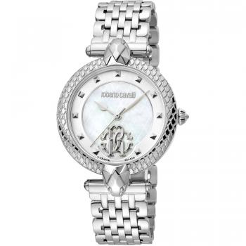 Roberto Cavalli by Franck Muller Women's Analog Steel Watch with Gray Silver Strap and Antique White Mother of Pearl Dial