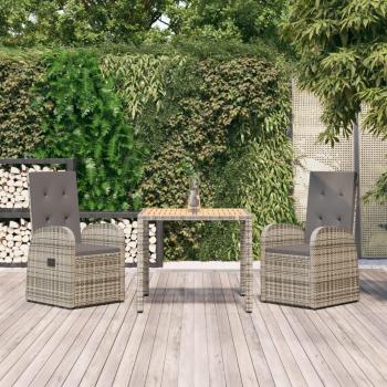 Set comedor de jardín 3 piezas con cojines ratán sintético gris