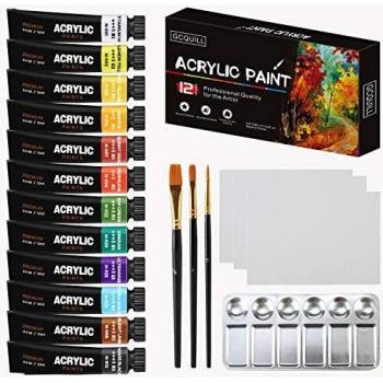 GC Pintura acrílica-Juego de 12 pinturas, para lienzo, tela, vidrio, cerámica, madera, póster-colores vibrantes y pigmentos ricos, para niños, estudiantes y artistas profesionales GC-AP12