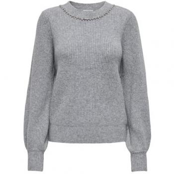 ONLY ONLGAIDA Women's Gray Round-Neck Sweater with Silver Rhinestones, Size M
