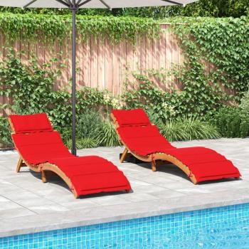 Acacia Wood Sun Loungers with Cushions - Set of 2, Red