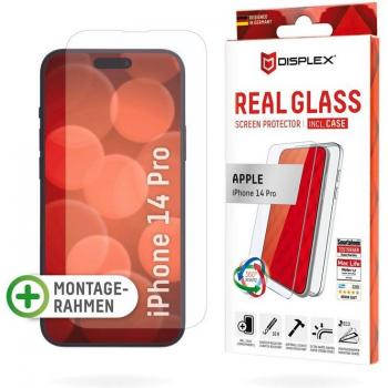 Protector de Pantalla DISPLEX 10H + Funda Eco para iPhone 14 Pro, Cristal Templado Resistente a Rayones y Marco de Montaje