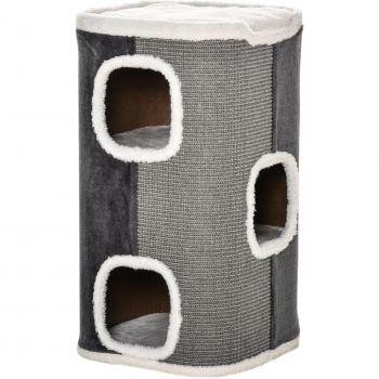 PawHut Barril Rascador para Gatos 74 cm con 3 Cuevas de Sisal Felpa Plataforma de Lana 40x40x74 cm Gris