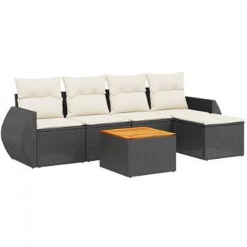 6-Piece Black Poly Rattan Garden Sofa Set with Cushions