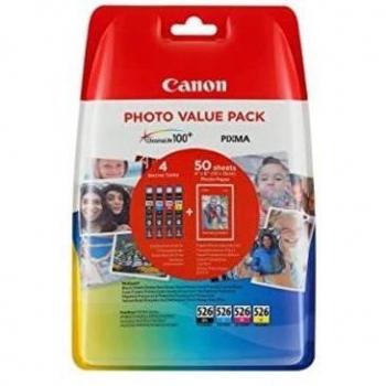 Canon CLI-526C/M/Y/BK Multipack Original - Pack de 4 cartuchos de tinta (Negro, Cian, Magenta, Amarillo) + Papel Fotográfico