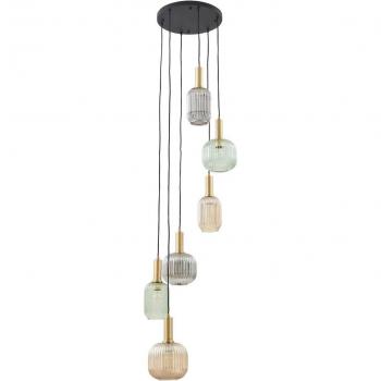 Lámpara colgante Lindby Doroteo, 6 luces, verde/ámbar/gris, vidrio