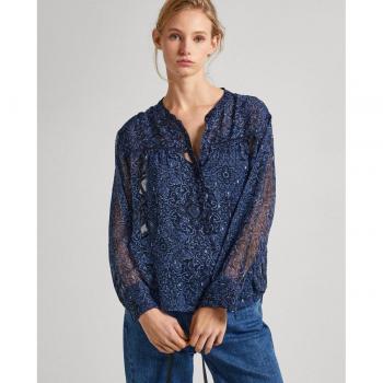 Blusa Pepe Jeans Clementine Marino con Estampado Floral y Detalles en Chifón