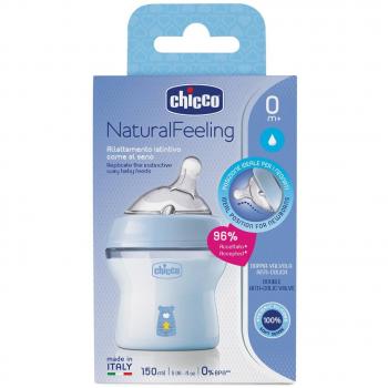 Chicco Natural Feeling Baby Bottle 0m+ 150 ml - Blue, Anti-colic design, Soft silicone nipple, Ergonomic shape for easy grip, BPA-free material, Suitable for newborns and infants