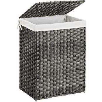 SONGMICS Cesto de la Ropa Sucia de 90 L, Tejido a Mano, Cesto de la Lavandería de Ratán Sintético con Tapa y Asas, Plegable, Bolsa de Forro Extraíble, Gris LCB51WG