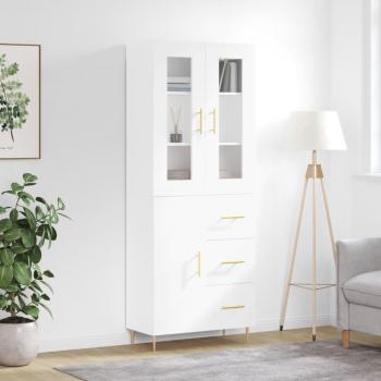 Aparador alto de madera contrachapada blanco 69,5x34x180 cm con 1 puerta y 3 cajones, mueble de almacenaje para salón, buffet y armario auxiliar