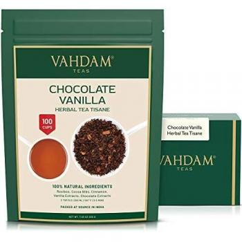 VAHDAM, Chocolate Vanilla Té de hierbas Tisane-200g/ 100 + tazas / Rooibos + CHOCOLATE hecho a mano + Cremoso VANILLA té de hojas sueltas / 100% Pure & Natural / Nuevo chocolate favorito Indulgence