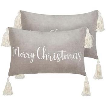 Conjunto de 2 cojines decorativos de terciopelo gris con motivo navideño y borlas, 30 x 50 cm