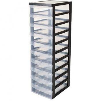 Unidad de almacenamiento plástica con ruedas y 10 cajones, color negro, asas de fácil extracción, multiusos para oficina y hogar