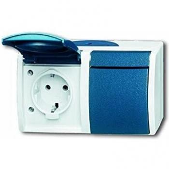 Toma de corriente Schuko 2-fach horizontal con tapa, IP44, gris/azul-verde - Busch-Jaeger 20/2 EW-53