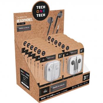 TechOneTech EarTECH TEC1003 Expositor de Auriculares con Micrófono, Jack 3.5mm, Incluye 6 Unidades Blancas y 6 Negras, Ergonómicos, Cable de