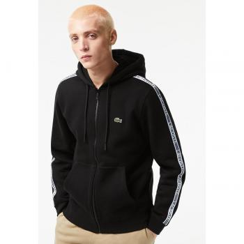 Lacoste Men's Classic Fit Black Zip-Up Hoodie with Logo Tape and Key Pocket