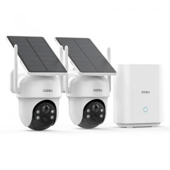 Kit de Cámaras de Vigilancia Solar WiFi Aosu 2K - 2 Cámaras con Homebase, Sin Suscripción, 3MP, Visión Nocturna Color, Seguimiento Automático, 360° PTZ