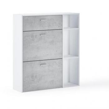Skraut Home - Armario Zapatero Wind - 90 x 26 x 101.5 cm - Cajones abatibles y puertas basculantes - Capacidad para 12 Pares de Zapatos - Color estructura blanco mate y color cemento
