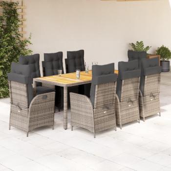 9-Piece Grey Poly Rattan Garden Dining Set with Cushions