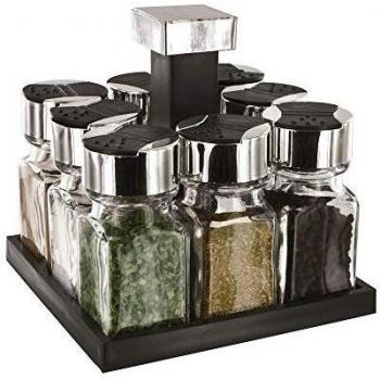 Especiero giratorio 8 botes de vidrio con soporte negro e inox y tapas de doble clapet