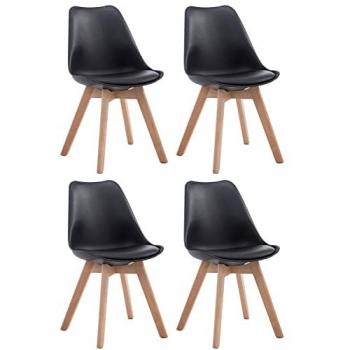 Set de 4 sillas de comedor Borneo en polipiel negro natural, butacas de salón sin reposabrazos, base de madera color natural