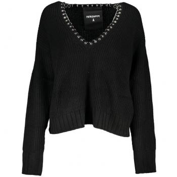 Patrizia Pepe Elegant Long Sleeved V-Neck Sweater with Chic Details - Black, Female, Size S